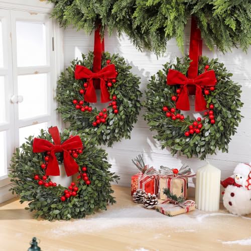 Dingion 12 Pcs 14'' Small Christmas Wreath for Cabinet Decoration with Bow - Set of 12