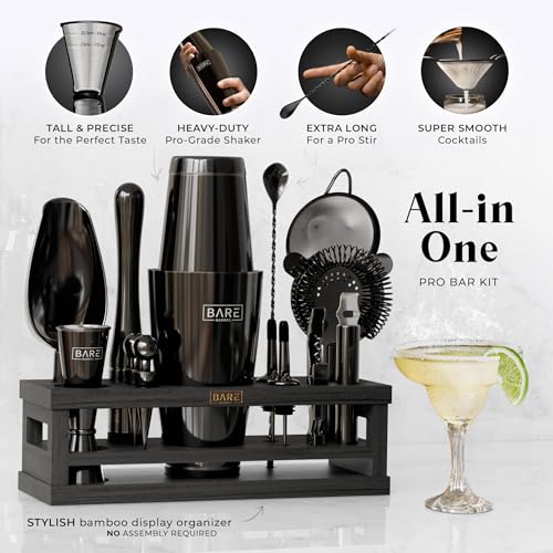Bare Barrel Mixology Bartender Kit Jet Black 28oz Boston Shaker, 16-Piece Bar Set with Recipe Cards