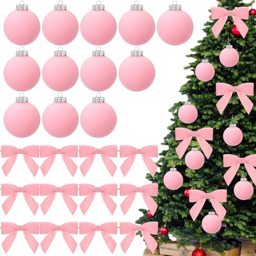 Daifunli Pink 24 Pcs Velvet Christmas Ornaments Set – 12 Balls + 12 Bows
