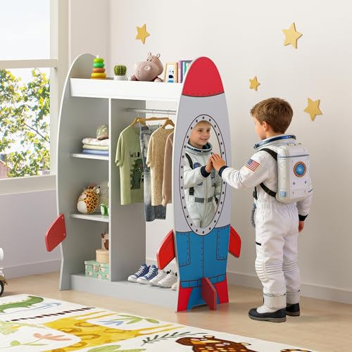 Rocket-Themed Kids Dress Up Wardrobe with Mirror & Storage Shelves
