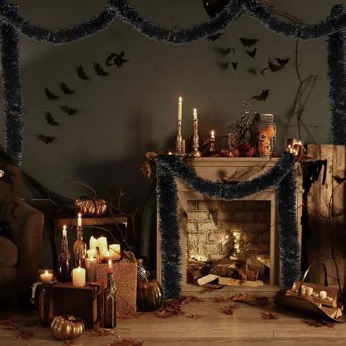 33ft Black Metallic Tinsel Garland for Christmas & Halloween Decor