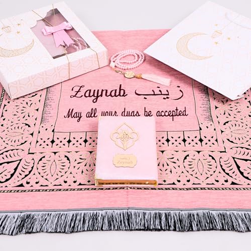 Personalized Prayer Rug and Quran Gift Set with Prayer Beads