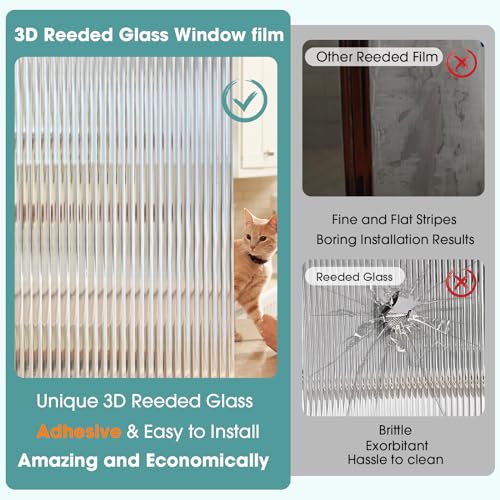 3D Fluted Glass Window Privacy Film | UV Blocking Adhesive, 17.5"x78.7"