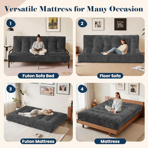 8-Inch Full Size Futon Mattress, Foldable Floor Sofa Bed in Grey Corduroy