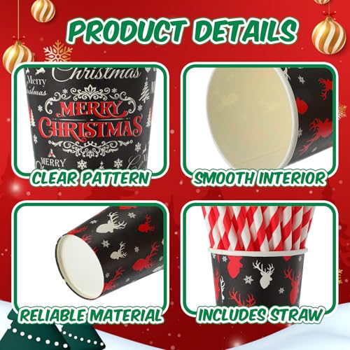 FoldTier 240-Count Classic 9 oz Christmas Hot Cocoa Cups with 240 Straws – Includes Festive Designs
