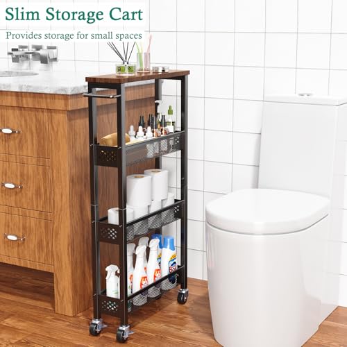 4-Tier Slim Rolling Storage Cart - 5" Narrow Utility Organizer with Wood Top