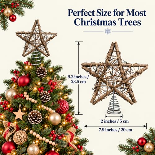 Rattan Christmas Tree Topper Star with Warm White LED Lights, Battery & USB Powered