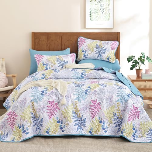 Blue Botanical Leaf Quilt Set King Size, 3-Piece Lightweight Microfiber Coverlet