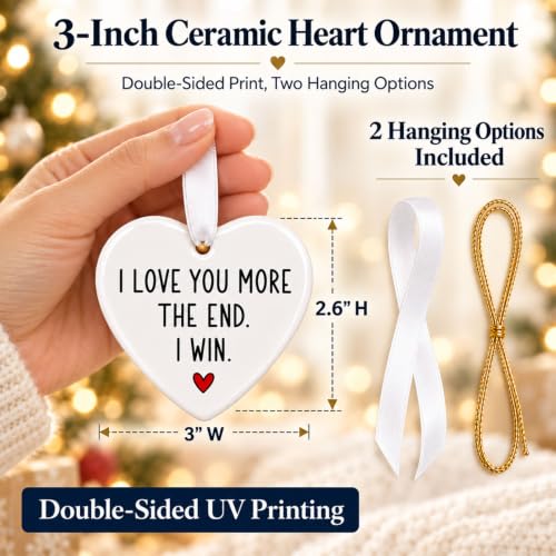 Personalized I Love You More Christmas Ornament - 3 Inch Ceramic Heart for Couples