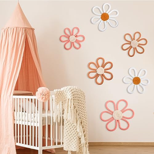 6-Piece Boho Daisy Flower Wall Decor, Woven Macrame Nursery Wall Art