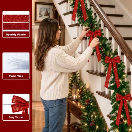 RRKTP 12Pcs Red Velvet Glitter Star Dot Bows 5x10in Holiday Decor