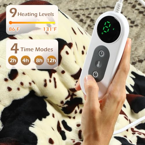 Heated Throw Blanket, 50x60 Cow Print Electric Sherpa Fleece Blanket