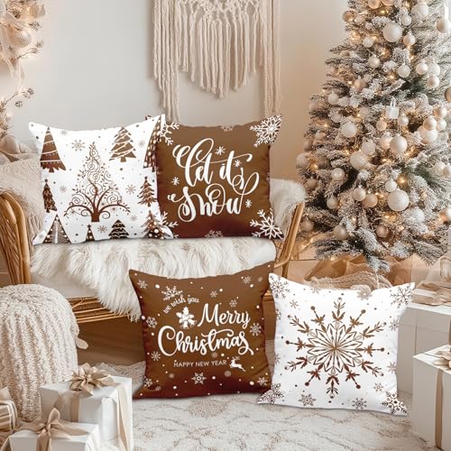 Lanpn 18x18 Christmas Throw Pillow Covers Set of 4, Brown Merry Xmas Snowflake Holiday Cushion Cases