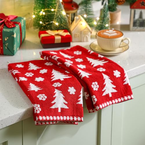 Peryiter 2 Pcs Red Christmas Tree Hand Towels for Bathroom 100%cotton