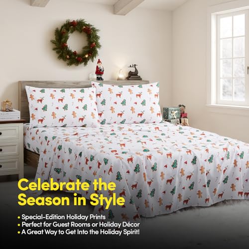 Sweet Home Collection Holiday Cookies California King Sheets with Built‑in Straps – Festive Winter Bedding