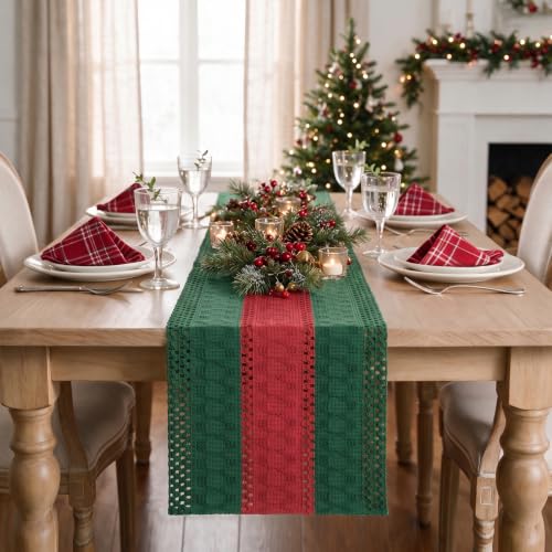Artoid Mode 12x120 Inch Farmhouse Rustic Green Red Table Runner - Durable Cotton Polyester Decor