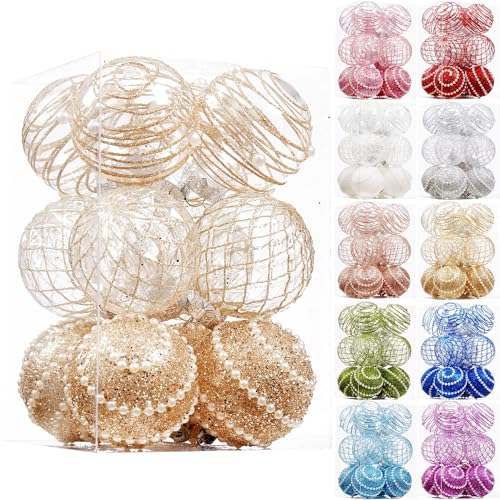 Christmas Ball Ornaments Set - Champagne 70mm Shatterproof Plastic Decorations with Pearl Accents - Variation of THIS listing