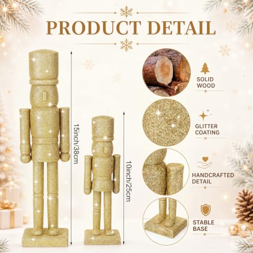 Vicenpal 15in & 10in Gold Glitter Nutcrackers Set - Wooden Christmas Soldier Figurines (2 Pcs)