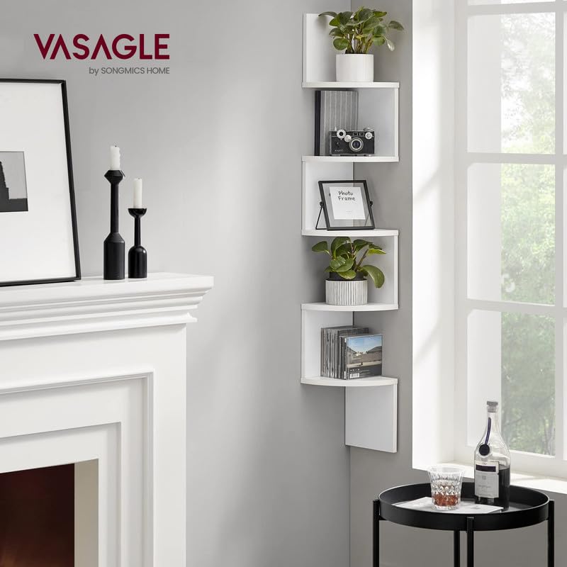 5-Tier Floating Corner Shelf, Wall-Mounted Bookshelf in Cloud White