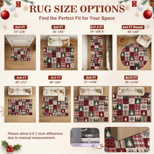 Christmas Patchwork Rug 5x7 ft Red Plaid Holiday Living Room Decor - Washable