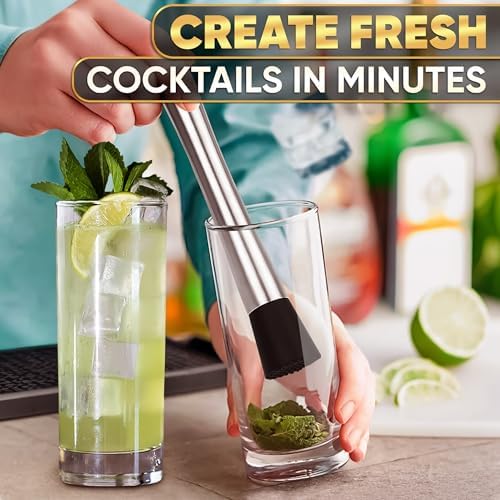 8-Inch Stainless Steel Cocktail Muddler with Grooved Nylon Head - Bar Tool