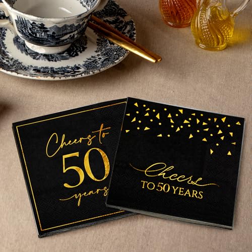 Hunanyume 50 Pack Cheers to 50 Years Black & Gold Cocktail Napkins - Elegant 5x5 Inch Party Supplies for 50th Birthday & Anniversary