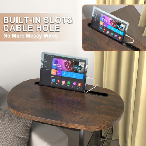 Adjustable C-Shaped Sofa Side Table with Storage Basket, Brown