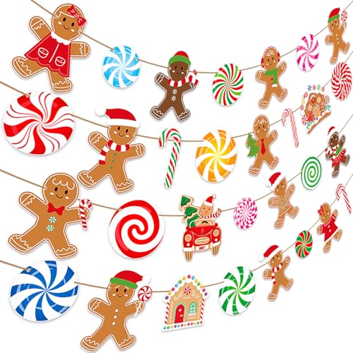 Gingerbread Peppermint Candy Banner 4-Piece Xmas Wall Decor Set