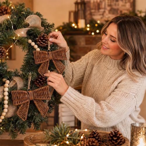 Rustic Christmas Rattan Woven Bow Ornaments - Set of 2, 6.3x4.9 inches