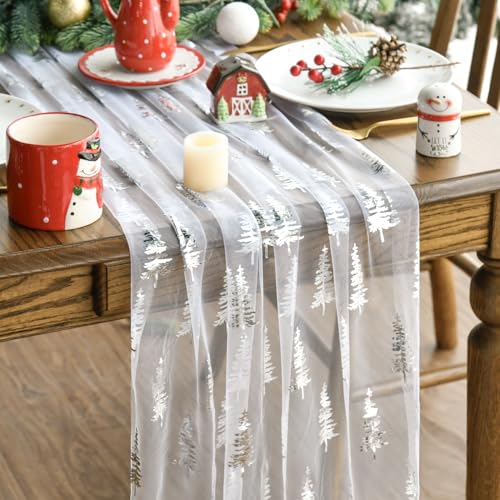 28 x 120 Inch White Silver Christmas Tree Gauze Table Runner Glitter Holiday Decor