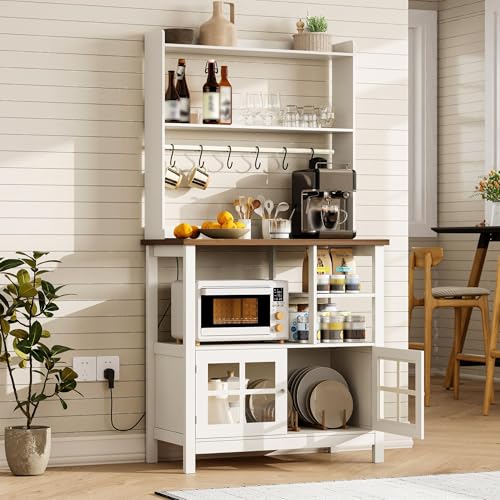 Farmhouse Bakers Rack with Power Outlets, Coffee Bar Cabinet & Hutch