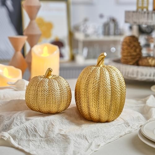 2-Piece Resin Gold Pumpkin Decor, Woven Effect Thanksgiving Table Centerpiece