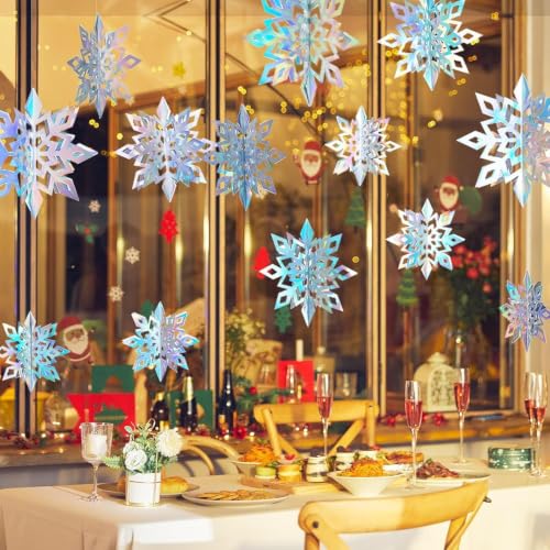 3D Iridescent Paper Snowflake Hanging Decorations for Christmas - 15 Pack