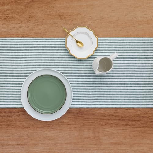 Solino Home Rainforest & White Linen Table Runner 14x90in Narrow Stripe