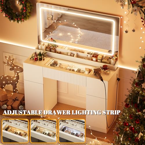 44-Inch Makeup Vanity Desk with Lighted Mirror, Glass Top and Power Station