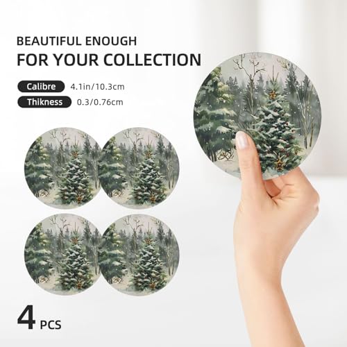 Winter Christmas Tree Coasters Set of 4 with Cork Base - Holiday Absorbent Ceramic Drink Mats