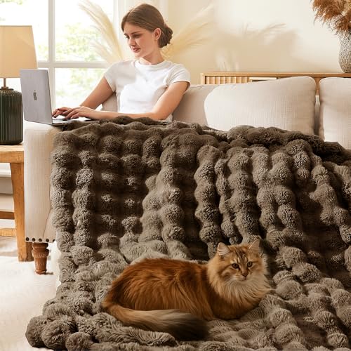 Faux Rabbit Fur Throw Blanket, 50x60 Inch Cocoa Brown Bubble Plush Throw