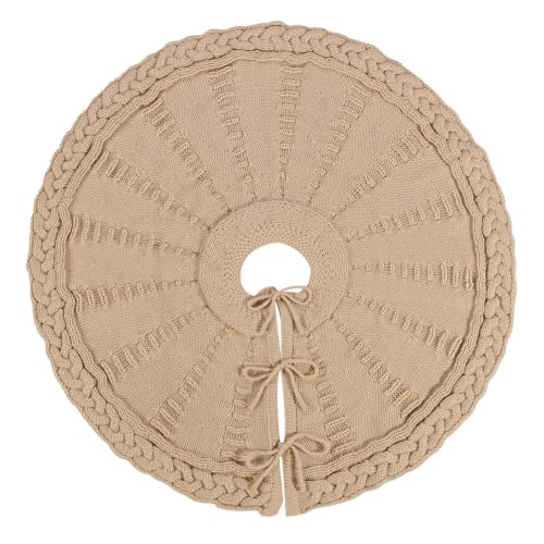 LimBridge Beige Knitted 36-Inch Christmas Tree Skirt with Cable Knit, Rustic Farmhouse