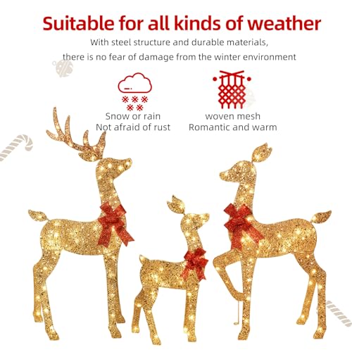 HOYECHI 4FT Gold 3-Piece Lighted Christmas Reindeer Family Set with 145 LED Lights
