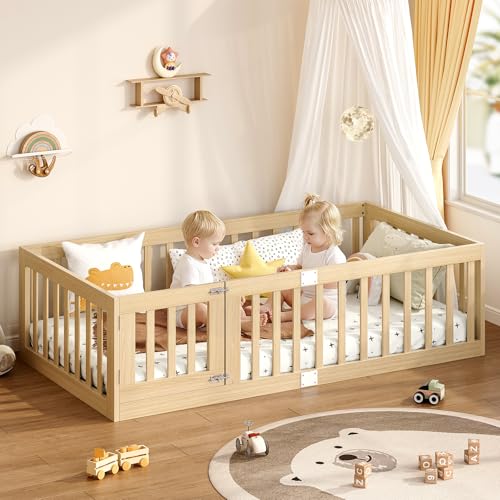 Twin Montessori Floor Bed Frame with Guardrails and Door Latch, Natural Wood