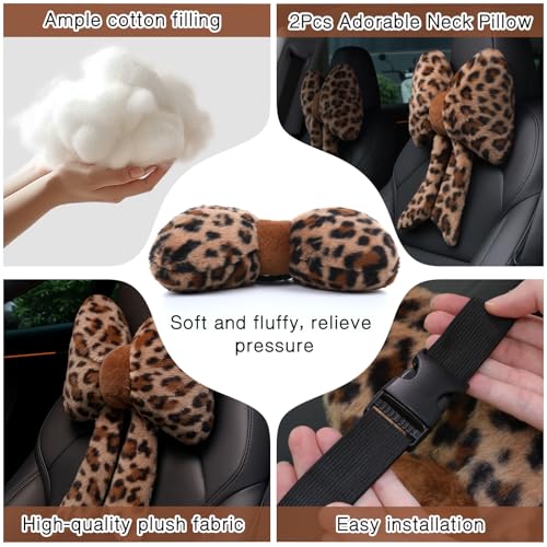 Leopard Car Neck Pillow Set - Cute Butterfly Bow Design, Soft Support