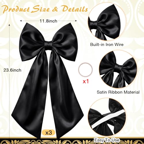 3-Pack Large Black Satin Bows - 24x12 Inch Hanging Decor for Wall & Fireplace