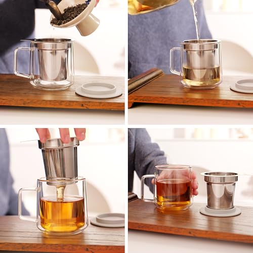CNGLASS 12oz Double Walled Borosilicate Glass Tea Cup with Steel Infuser & Lid - Set of 1