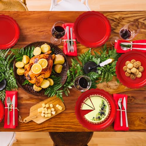 Vyntra Red 9 Inch Scalloped Paper Dinner Plates - Pack of 50, Solid Red, Disposable Tableware for Parties & Holidays