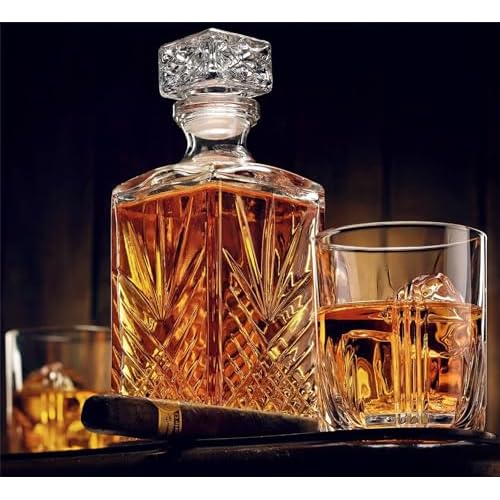 Bormioli Rocco Selecta Decanter, Set of 2 - Starburst Etched Glass with Airtight Diamond Stopper for Whiskey, Brandy & Spirits - 33.75 Oz. Each - Made in Italy, Elegant Barware, Dishwasher Safe