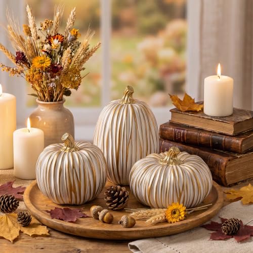 3-Piece Resin Pumpkin Decor Set, White and Gold Fall Table Centerpiece