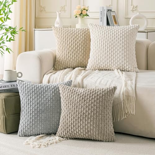 Corduroy Throw Pillow Covers 18x18 Set of 4 - Soft Neutral Cushion Cases
