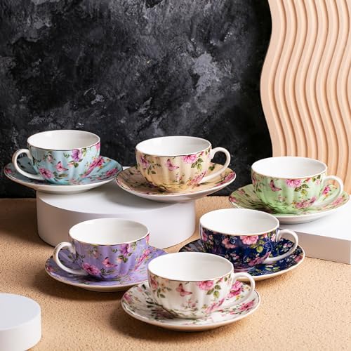 Midnight Florals Porcelain Tea Cups & Saucers Set of 6 - 7 oz, Brew To A Tea