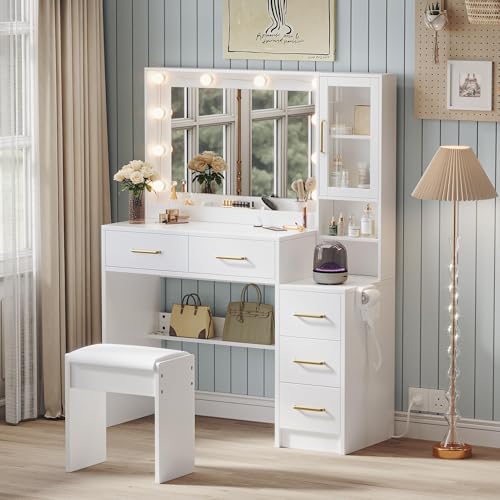 Makeup Vanity Table with Lights, Charging Station and 5 Storage Drawers