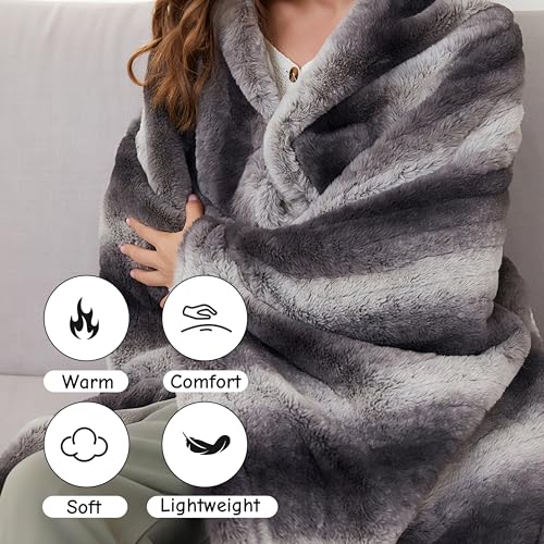 Electric Heated Throw Blanket 50"x60" - Grey White Striped Plush